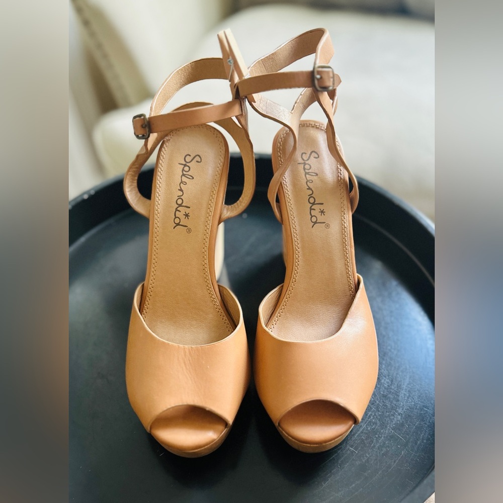 Splendid Tan Women's Wedge Peep Toe Leather Sandals